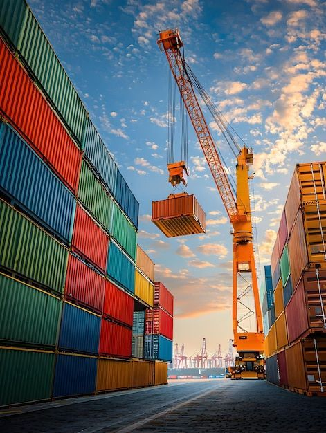 Crane lifting a container between stacked containers