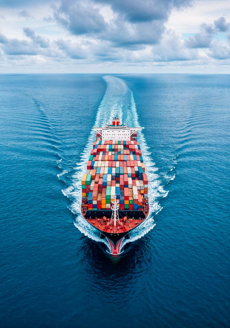 Aerial view of a container ship at sea